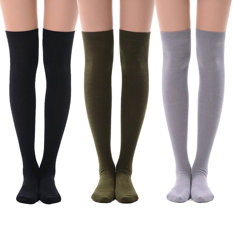MEIKAN Green Grey Thigh High Tights Socks, Posing Ivy Costume Comfortable Cotton Women Black Over Knee High Socks 3 Pairs (Army Green,Light Grey,Black) - Image 1